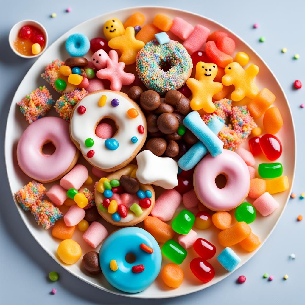 one whole plate of delicious sweeties including marshmallows an donuts