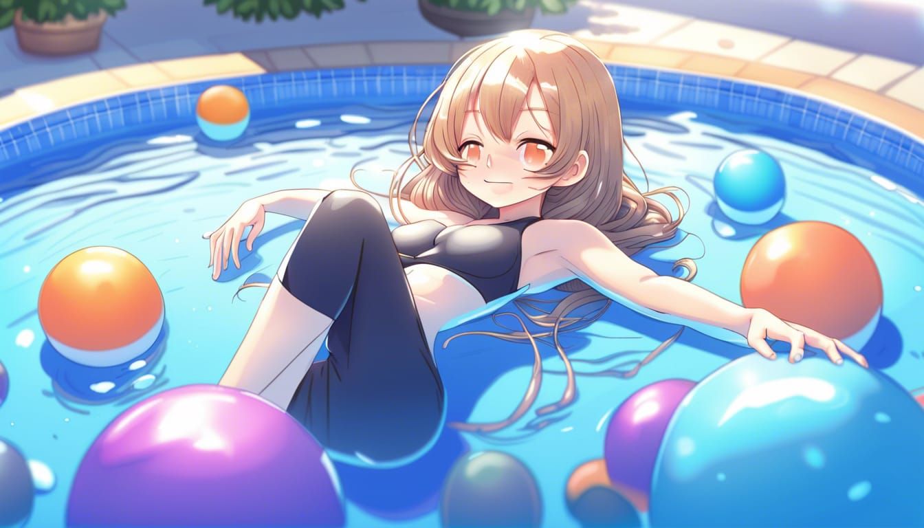 A Girl in swimsuit lying on yoga ball, more yoga balls floating around her  in a swimming pool by artist 