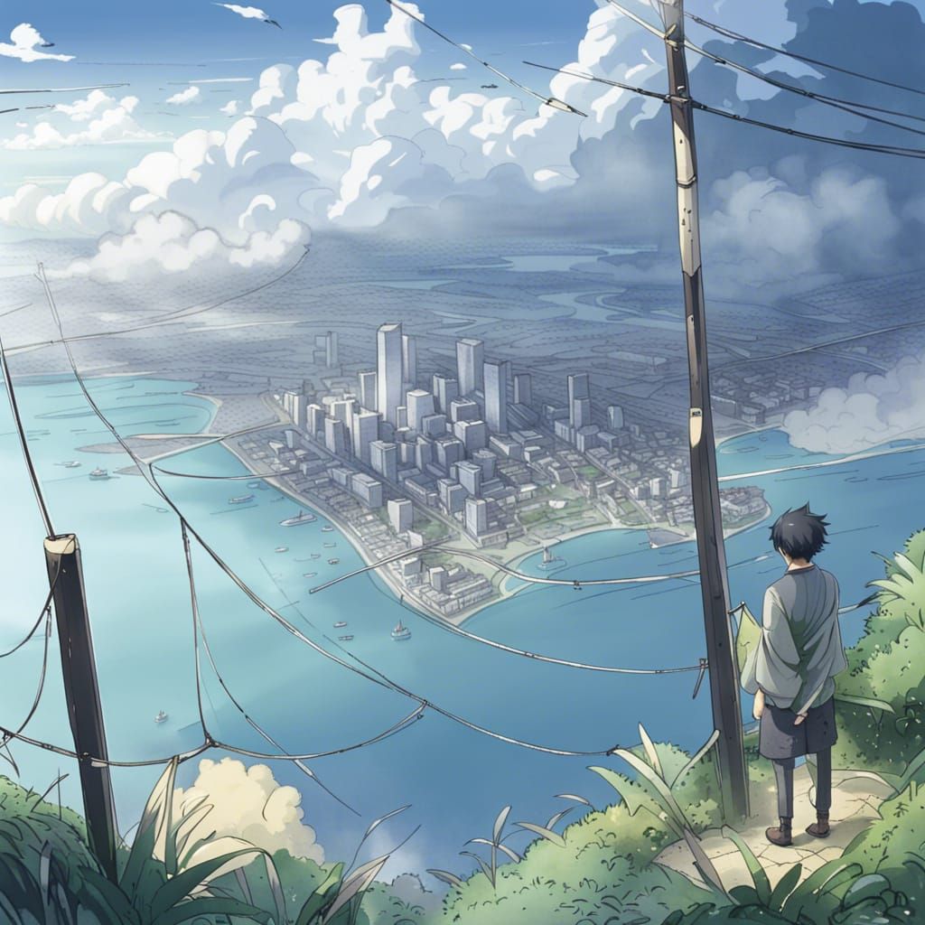 a man on a island looking in to a city that has a thick fog ...