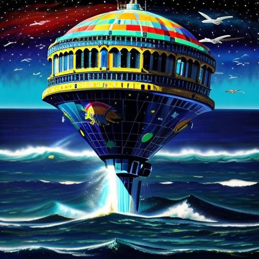 Pop art Retro alien  spaceship flying out of the ocean and l...