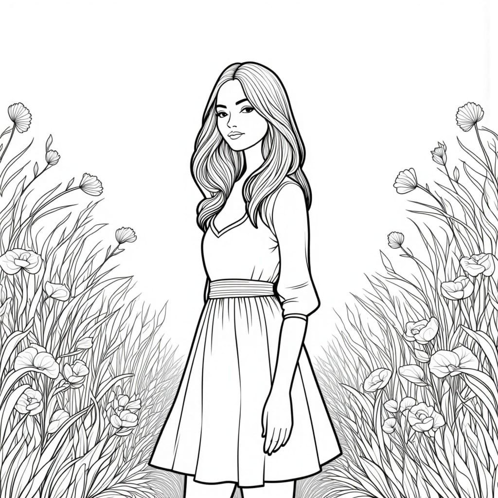 Girl in the garden, black outline, white background, sharp focus <lora:Coloring-Book-flux:1.0> 