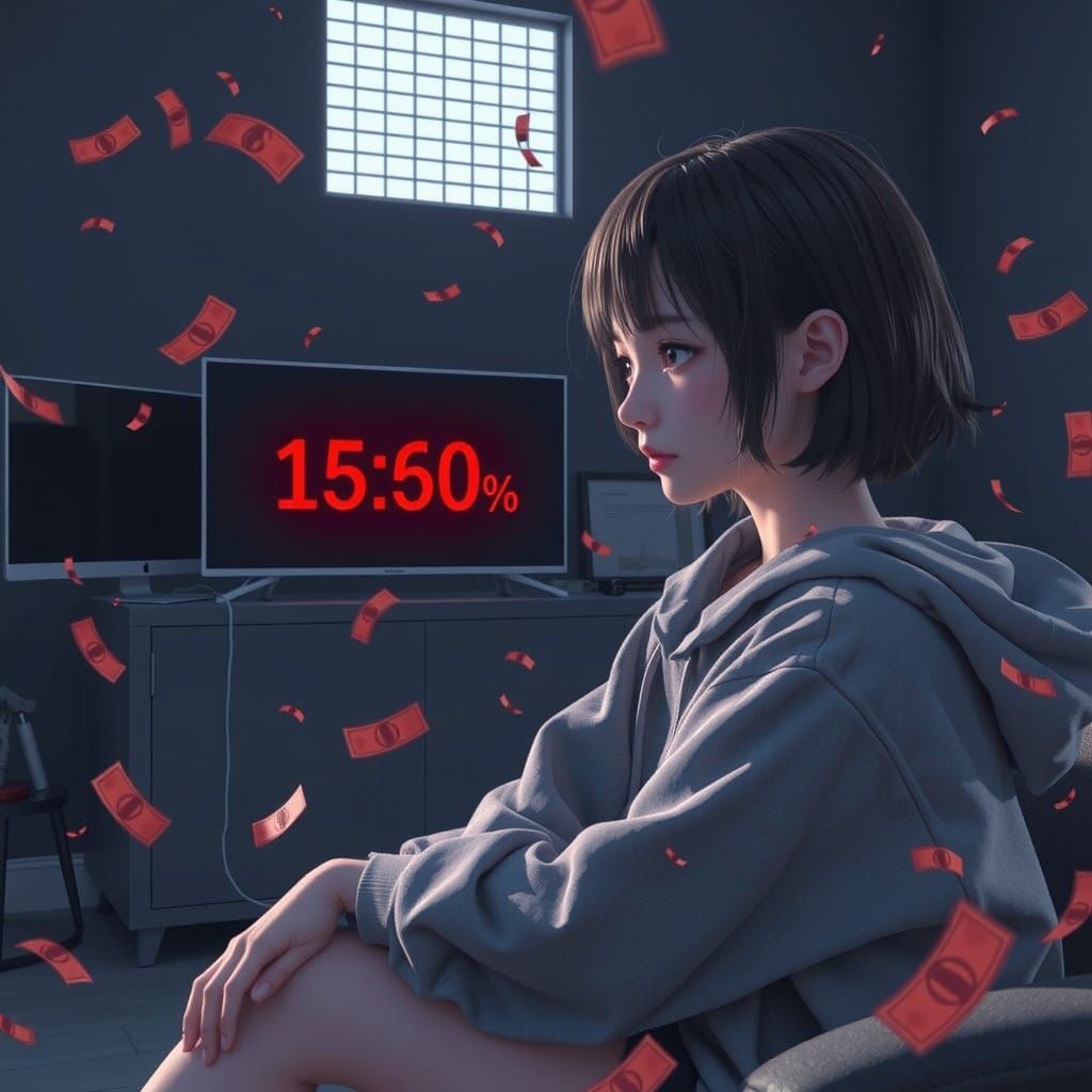 Woman Overwhelmed by Financial Woes in a Digital Storm