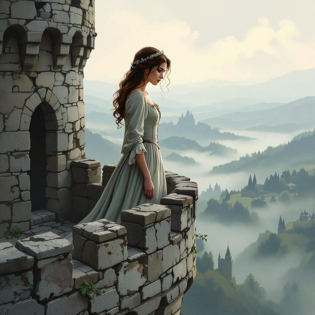 A regal princess, dressed in a simple, worn gown, stands on the battlements of a crumbling castle overlooking ...  by @TheHumanArt