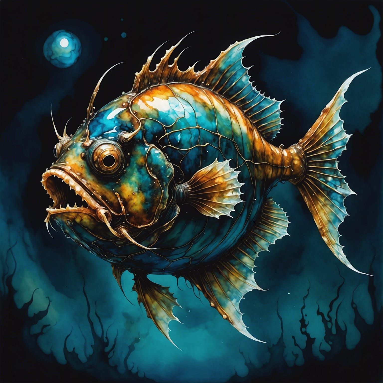 Anglerfish shedding atmospheric light in the deep dark ocean, alcohol ...