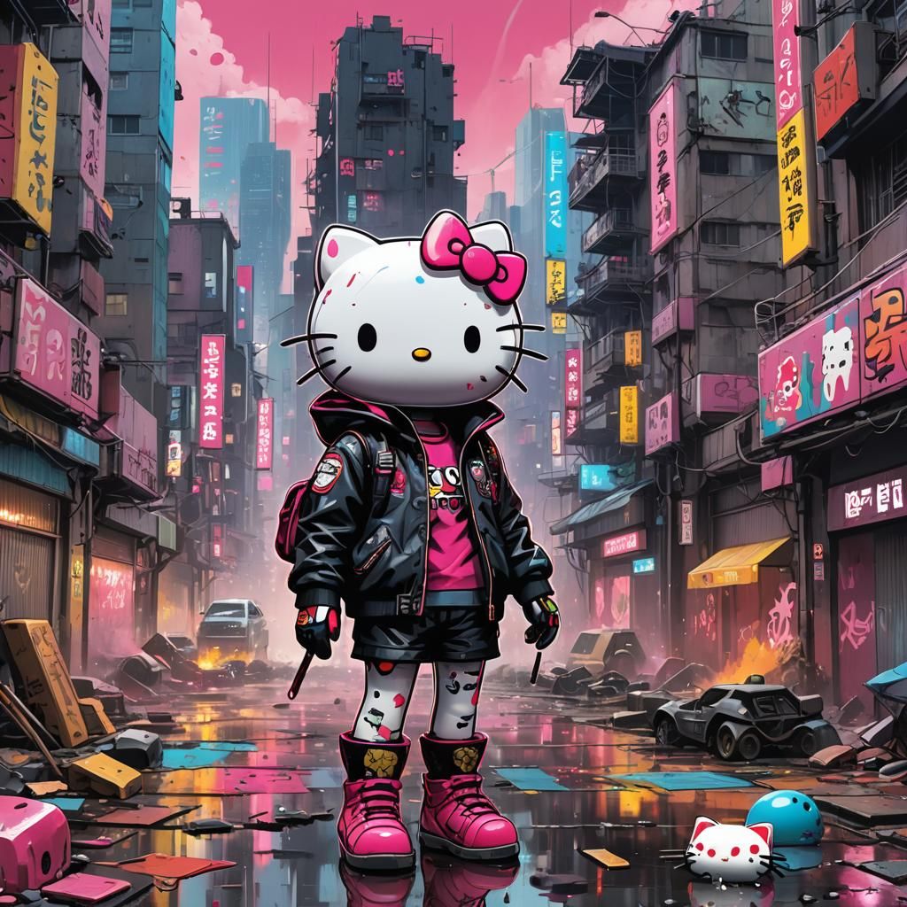 "Hello Kitty" in a dystopian urban landscape by artist "anim...