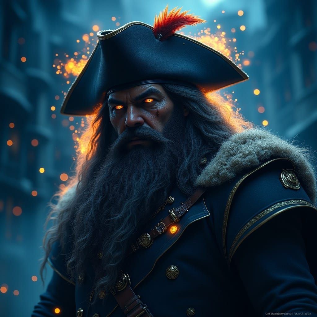 <lora:MJ6 RPG Flux:1.0> An epic fantasy illustration of the pirate captain Blackbeard, in red and black with long hair under his hat, agains...