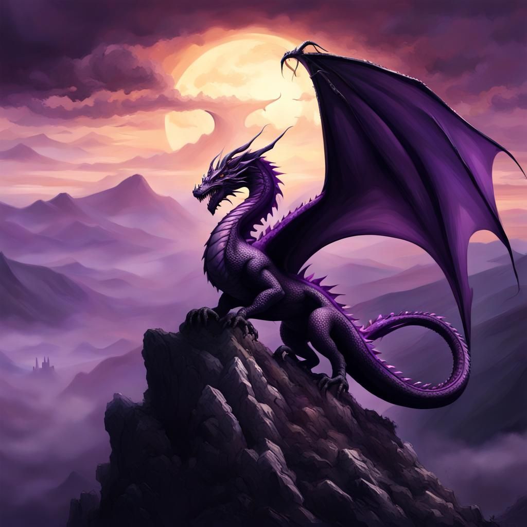 A majestic dragon in purple and black hues, perched on a dark mountain ...