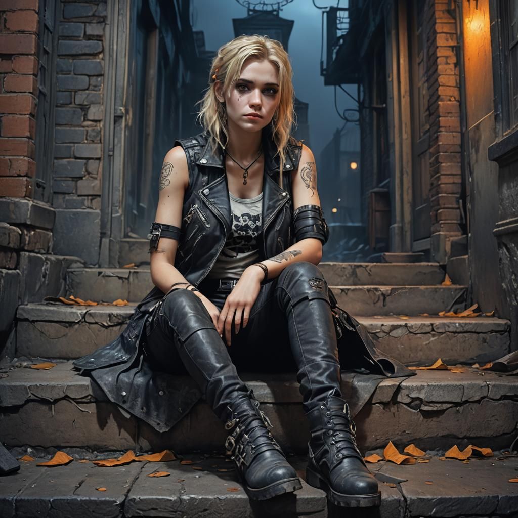 A blond haired 20 year old woman dressed in biker vest, a ta...