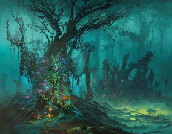 landscape of fever dreams epic nightmare of biology of mutation and weird monsters tress from sci fi and hydrology complex and epic . weird...