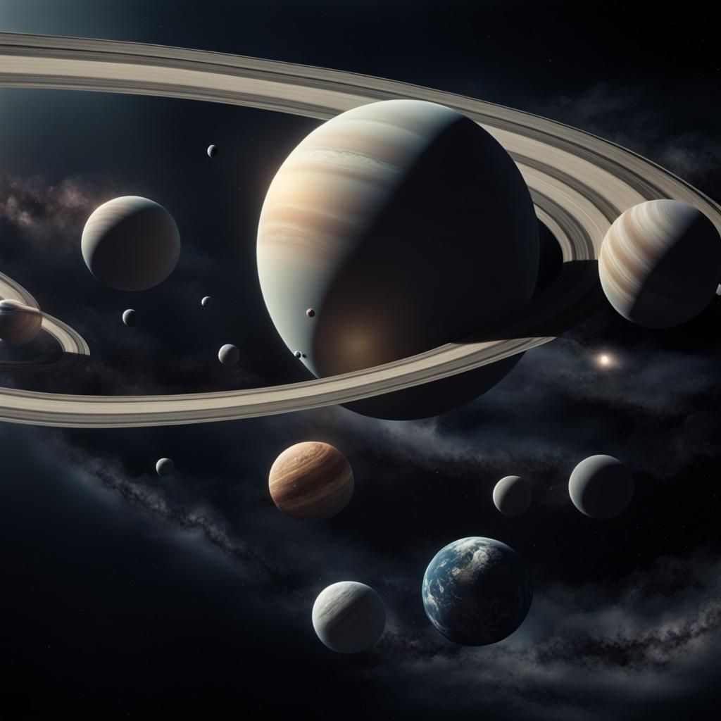 Saturns 82 moons in orbit - AI Generated Artwork - NightCafe Creator