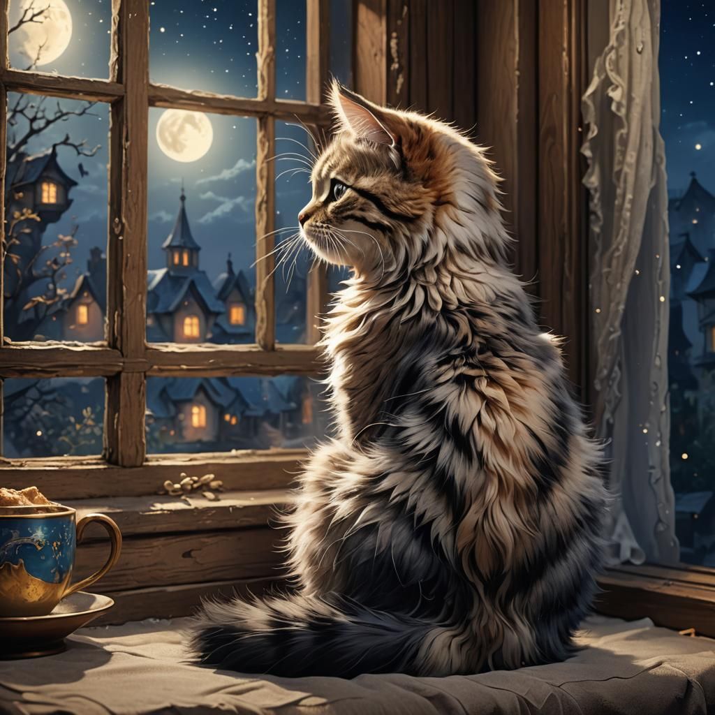 Masterpiece image of fluffy happy kitten in profile looking out through a window in moonlight, Lisi Martin-style, ...  by @Capriflower