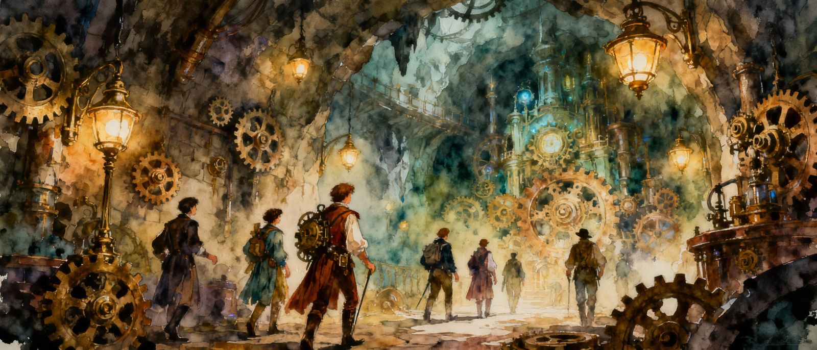 a group of adventures exploring a steampunk dungeon underground cit, covered in cogs and steampunk lamps,
Soft, ...  by @AutumnBear