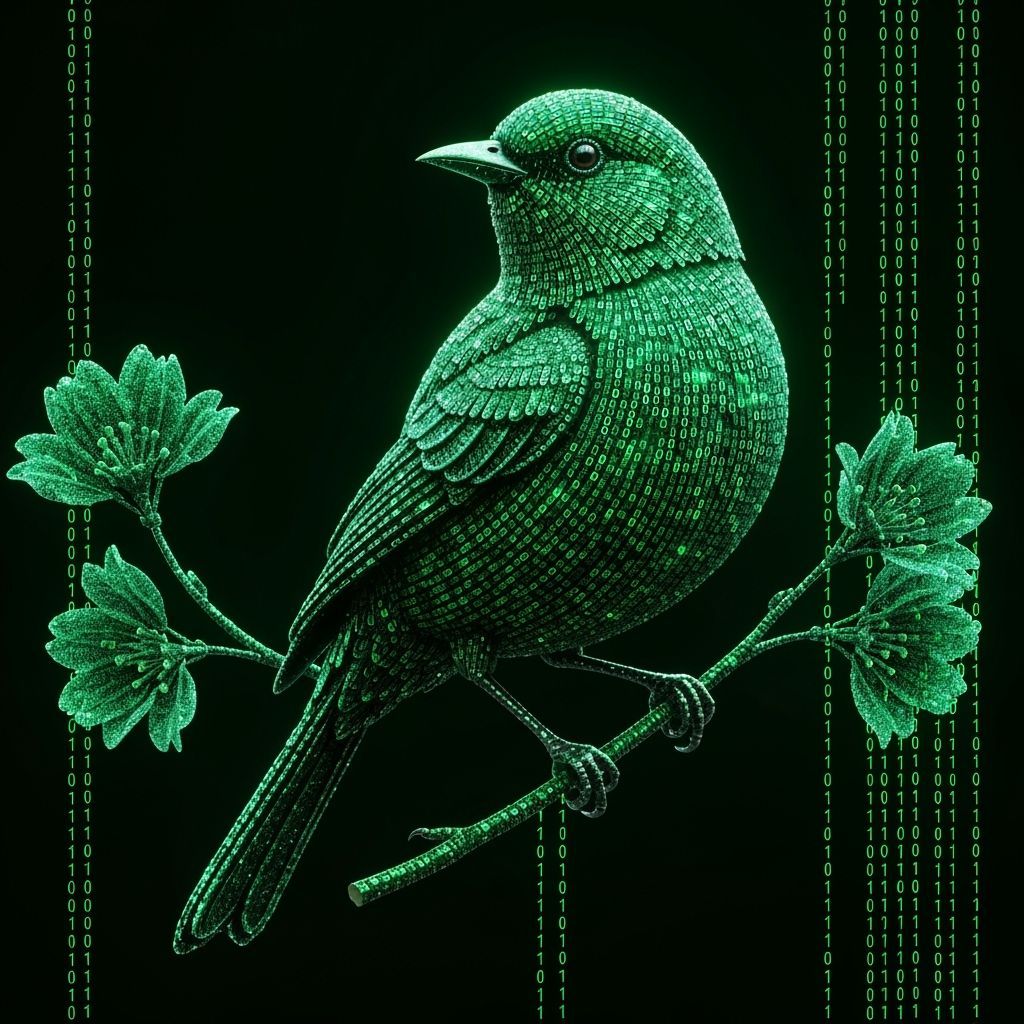 Cute, Portrait of a sparkling iridescent beautiful elegant perfectly detailed emerald matrix binary code ...  by @Victoria G