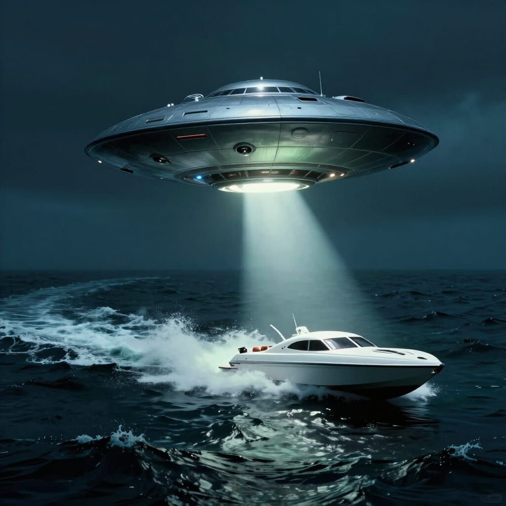 UFO skimming over the ocean with spot light shining on a speed boat..  by @Van Vanner