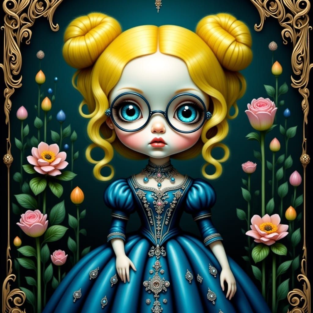 <lora:Big Eyes:1.0> Victorian girl with vibrant yellow hair styled in space buns, loose tendrils framing her face, large expressive big blue...