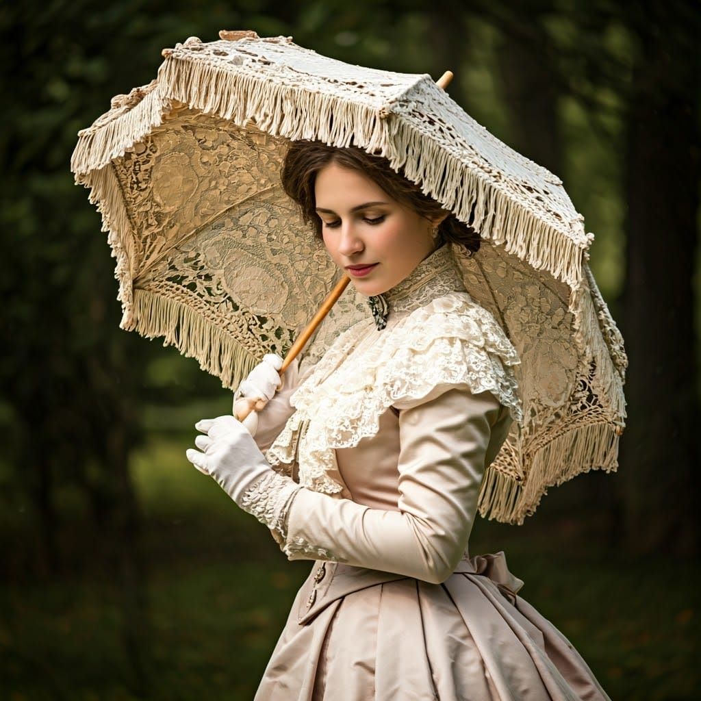 Super high resolution realistic parasol umbrella made of dainty intricate lace and fringe being held ...  by @AevalKitten