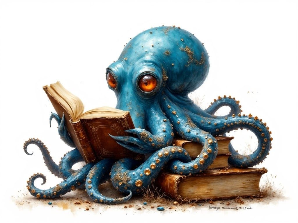 blue octopus loves ancient books  by @Jane Jay