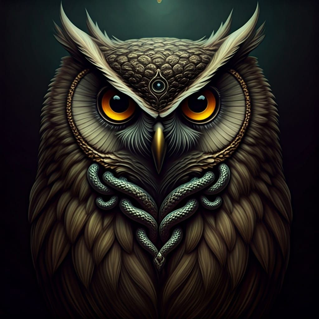 Eerie Owl with Snakes, in Biomechanical Style
