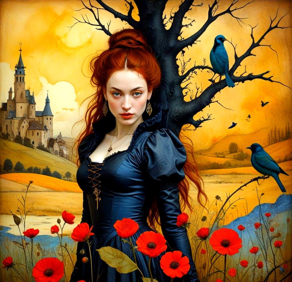 Whimsical Medieval Lady in Vibrant Fantasy Landscape