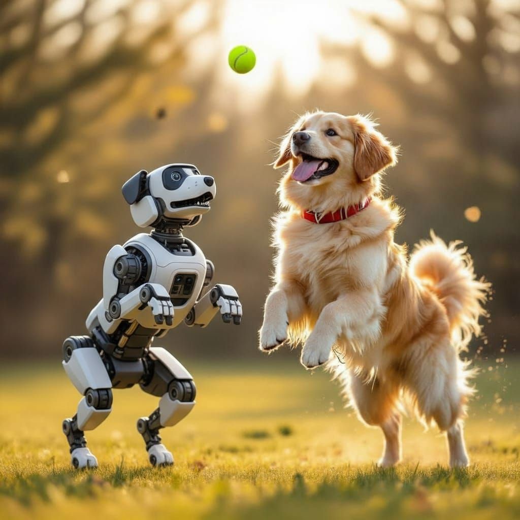 A photorealistic, ultra-high definition, cinematic composition, showing a Unitree Go2 Robot dog playing with a beautiful golden labrador you...