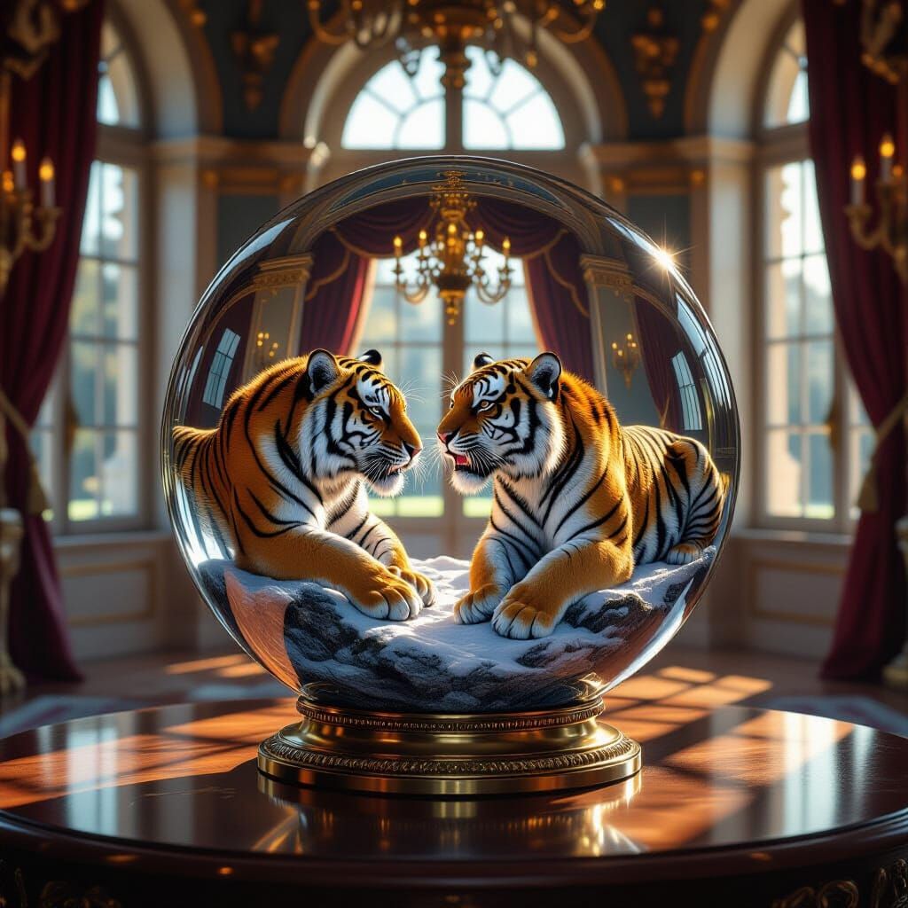 Glass Sphere Holds Fierce Tiger Fight in Opulent Palace