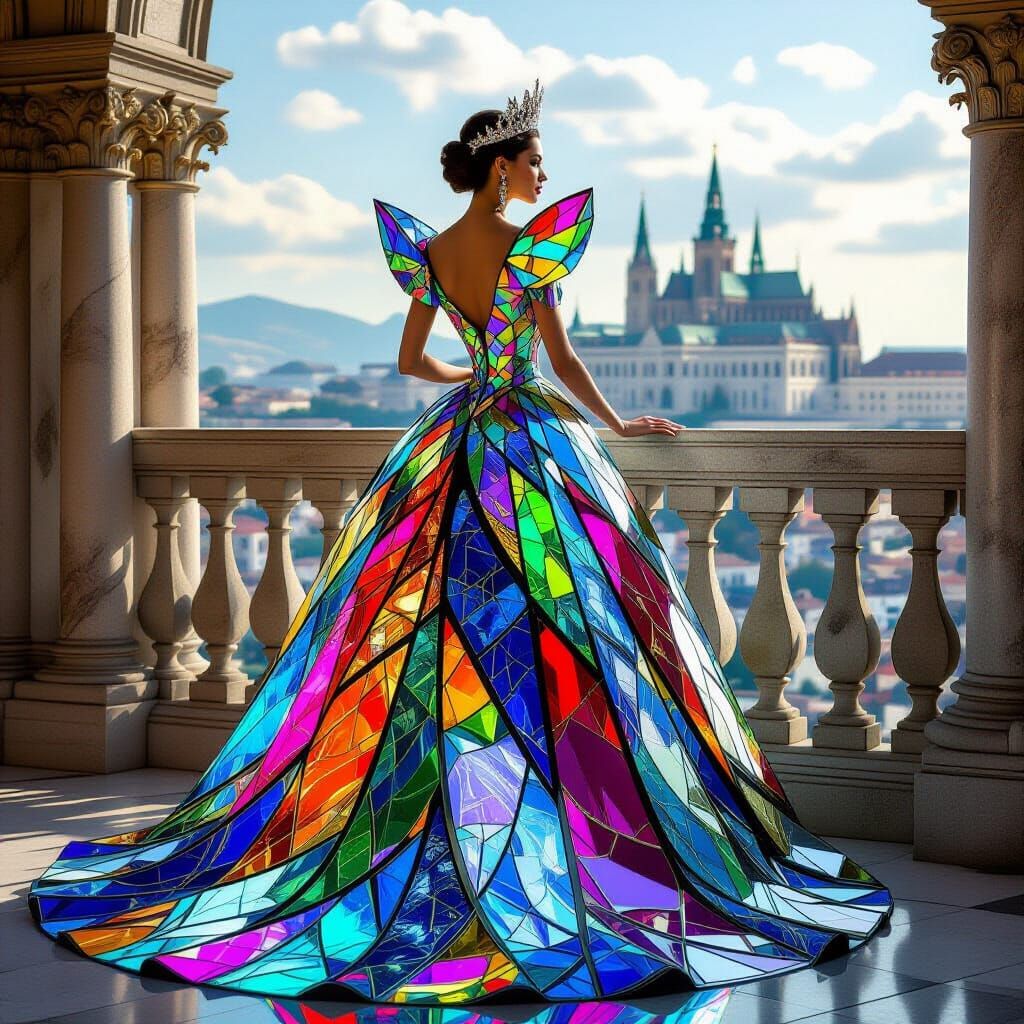 A regal queen stands on a balcony overlooking her kingdom, adorned in a magnificent gown constructed ...  by @alexsandria
