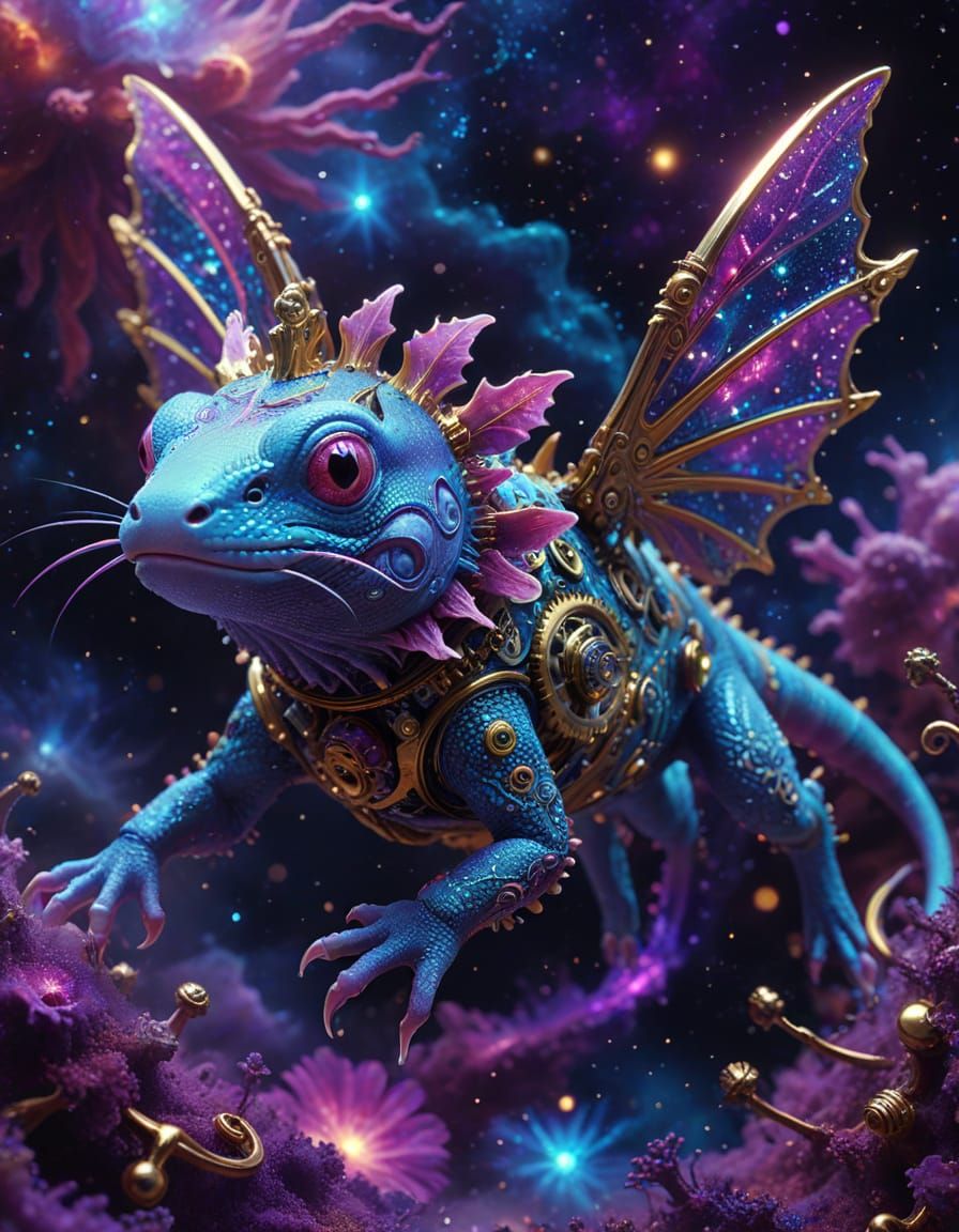 A clockwork axolotle with intricate gears and cogs for scales, soaring through a nebula filled with swirling cosmic dust and vibrant, neon-c...