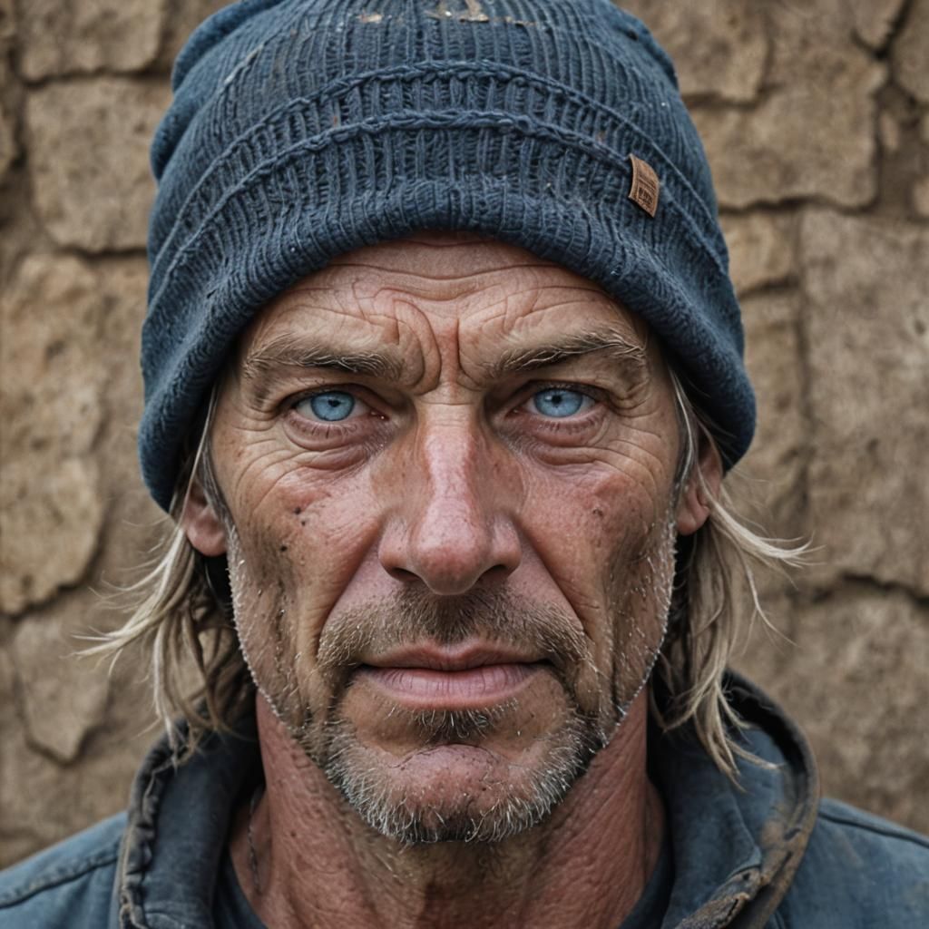 A striking photo of a rugged, middle-aged man with deep-set ...