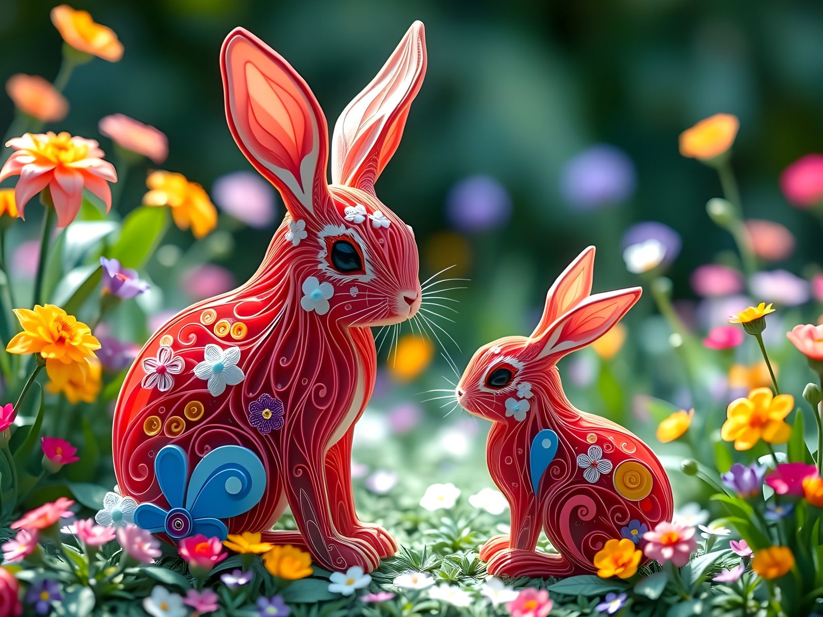 Mother and baby bunnies in quilling with flowers  by @Gary Murakami