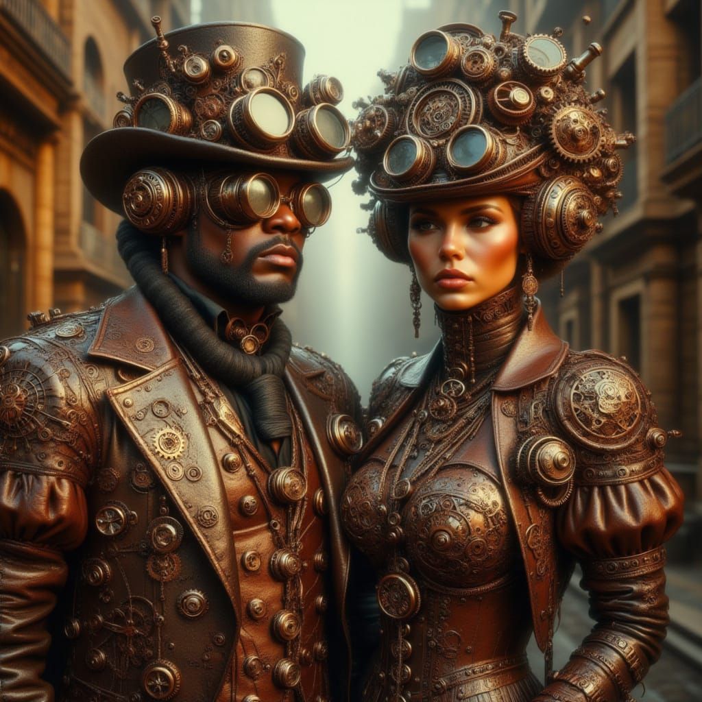 <lora:kak-surrealsteampunk:1.0> steampunk couple with ornaments and attitude