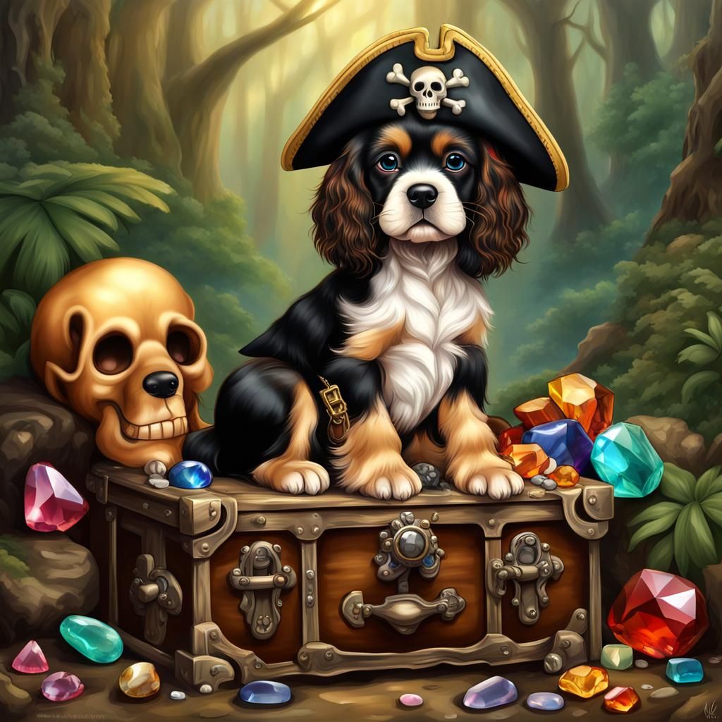 Cute cocker spaniel puppy pirate guarding treasure chest - AI Generated ...