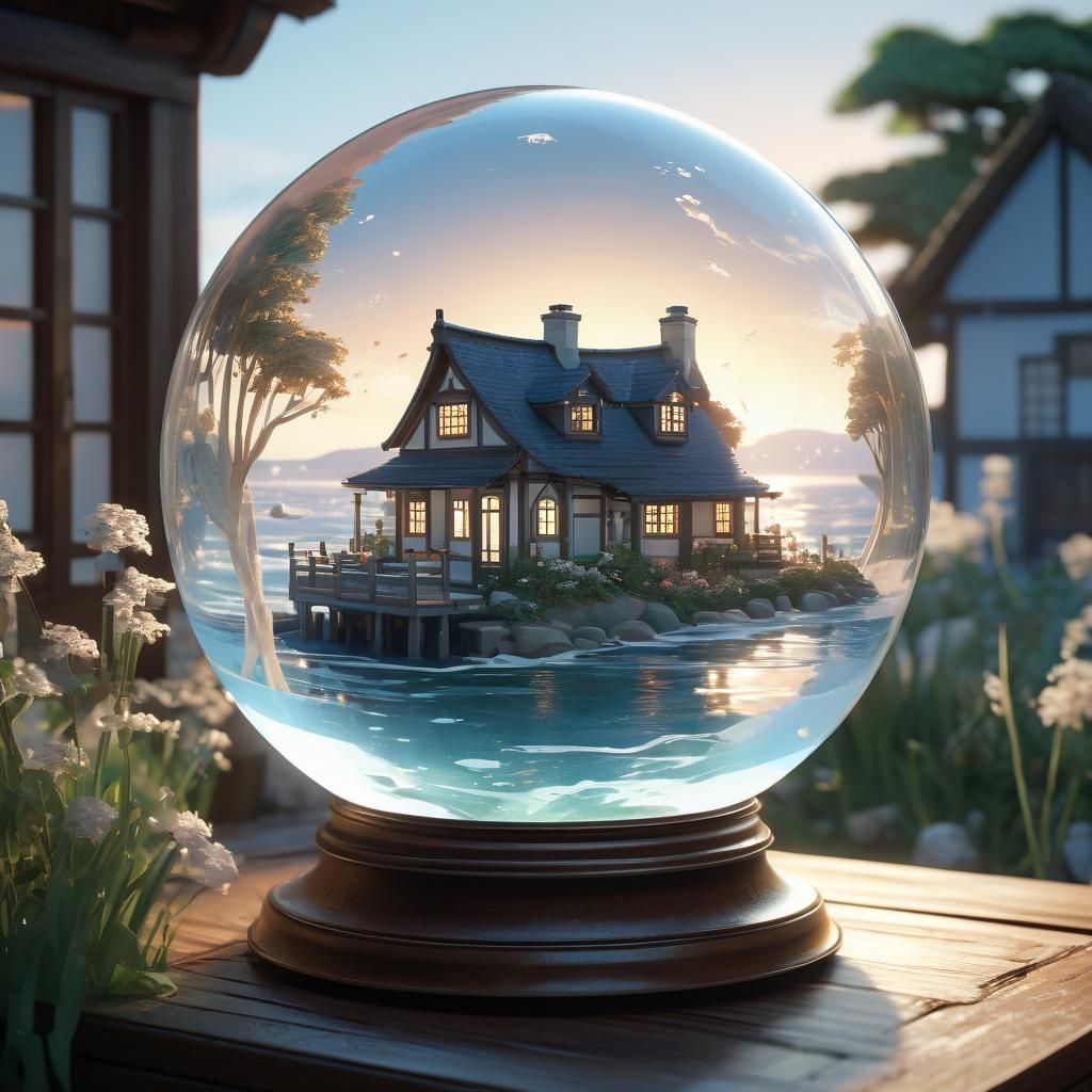 Glass Orb with Seaside Cottage in Anime Style