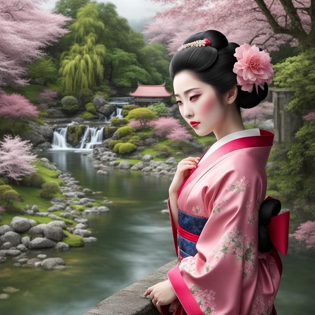 geisha, cerisier en fleurs roses et route pavée et rivière et cascade ...