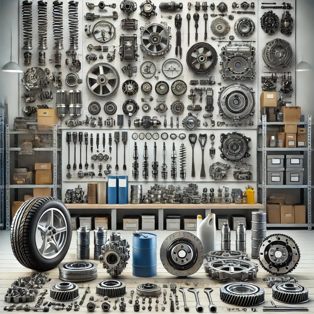 image of various vehicle spare parts in a well-organized workshop setting, showcasing components like engine parts, brak...