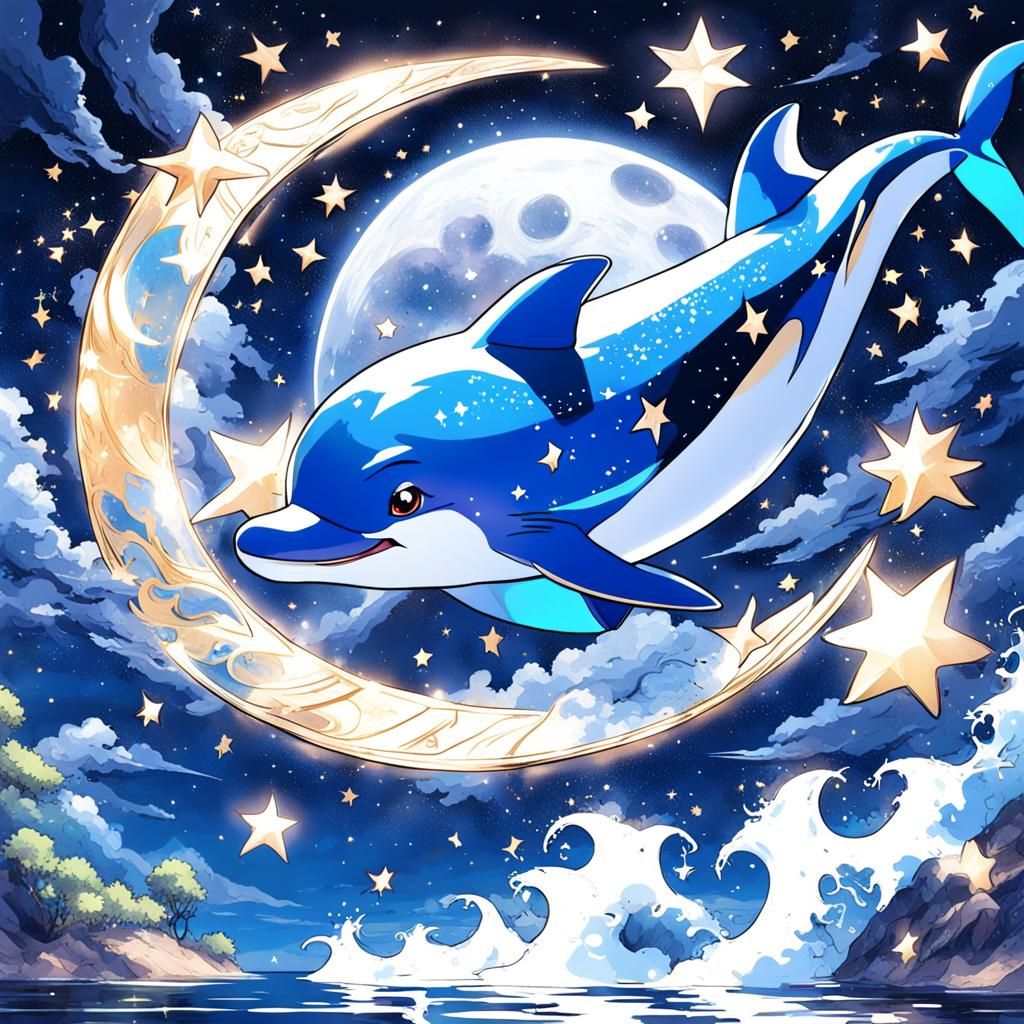 Blue Dolphin Leaping in Space: Anime Key Visual