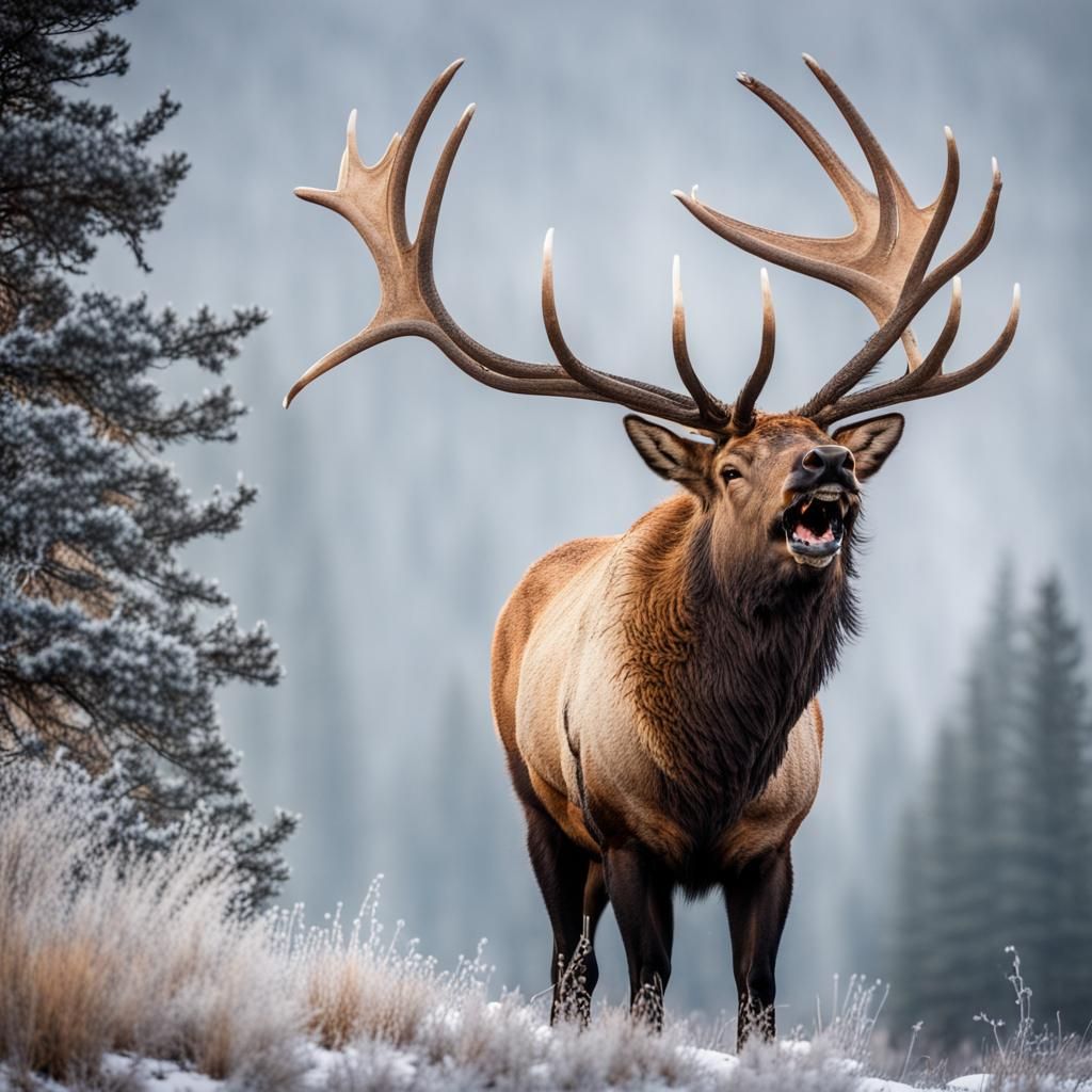 A massive Bull Elk in the mountains of Montana Bugling in the early ...