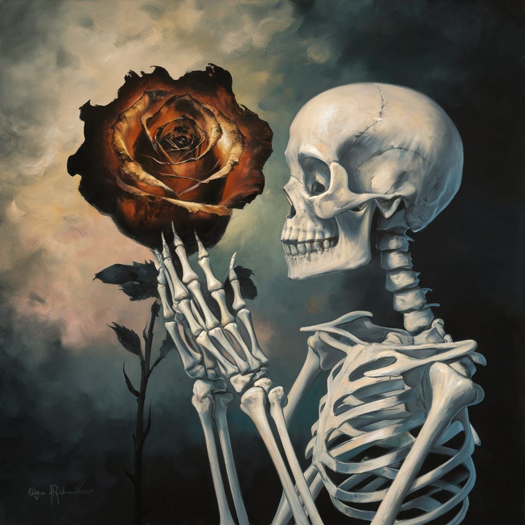 A captivating painting of a silhouette of a burnt rose, held...