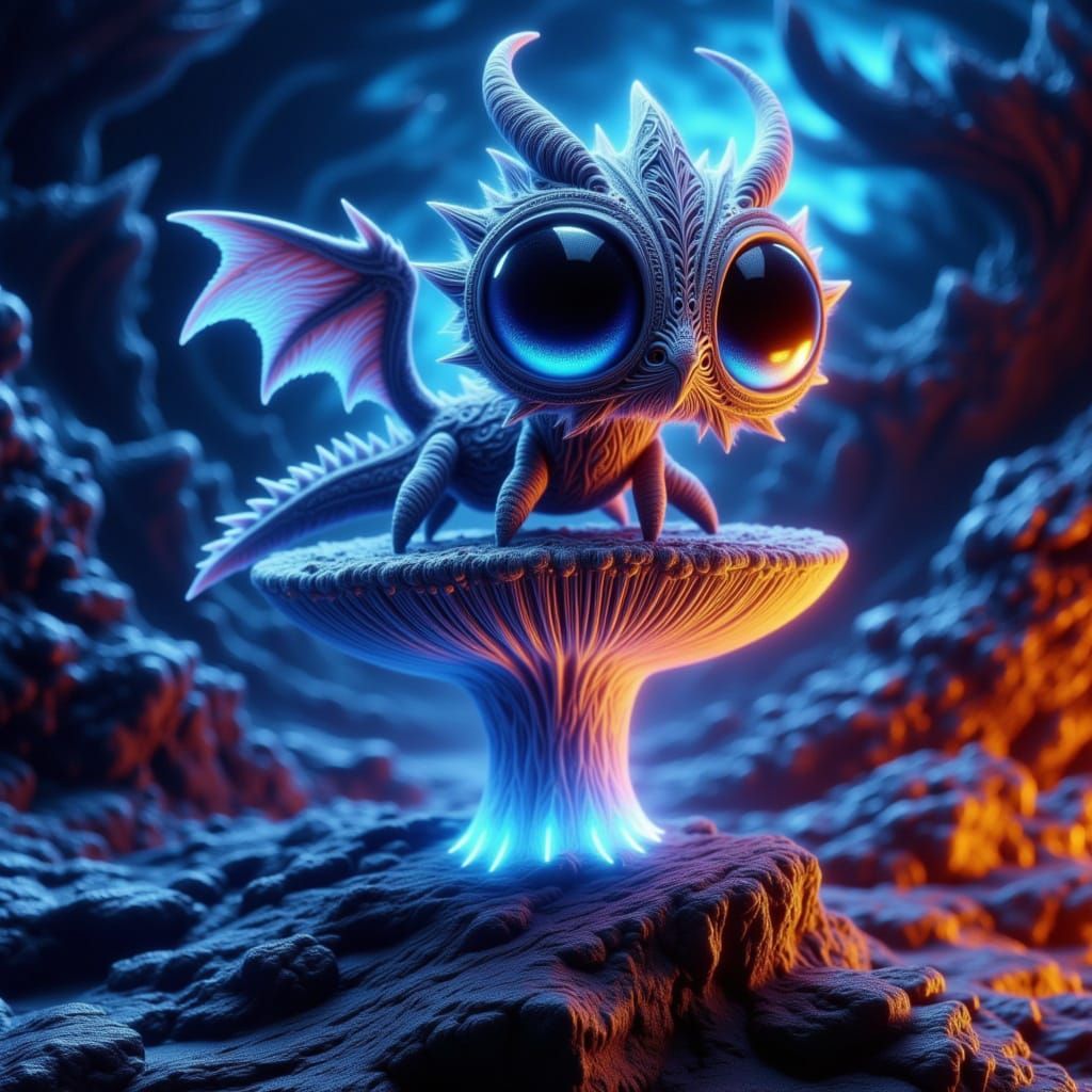 <lora:-ArachNoculi-:1.0> A chibi dragon perched on a bioluminescent mushroom 