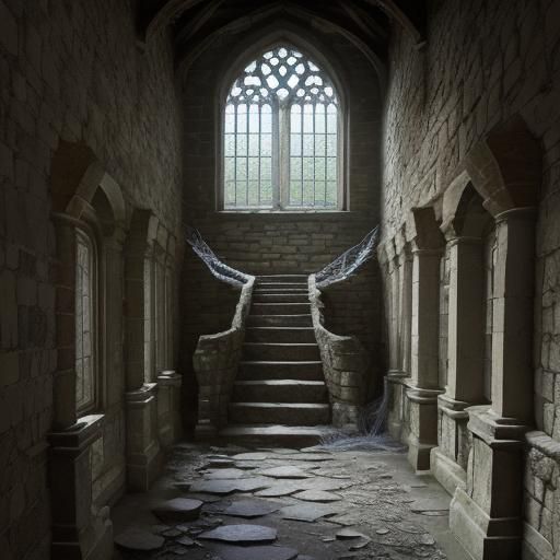  Forgotten Castle Hallway, strewn with cobwebs, stone walls, phosphorus light   by @Len H