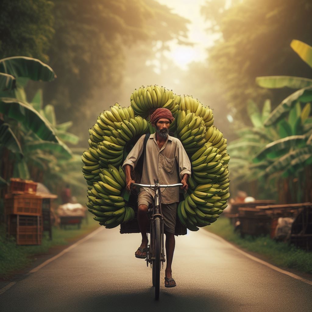 A man carrying bananas on his bicycle.