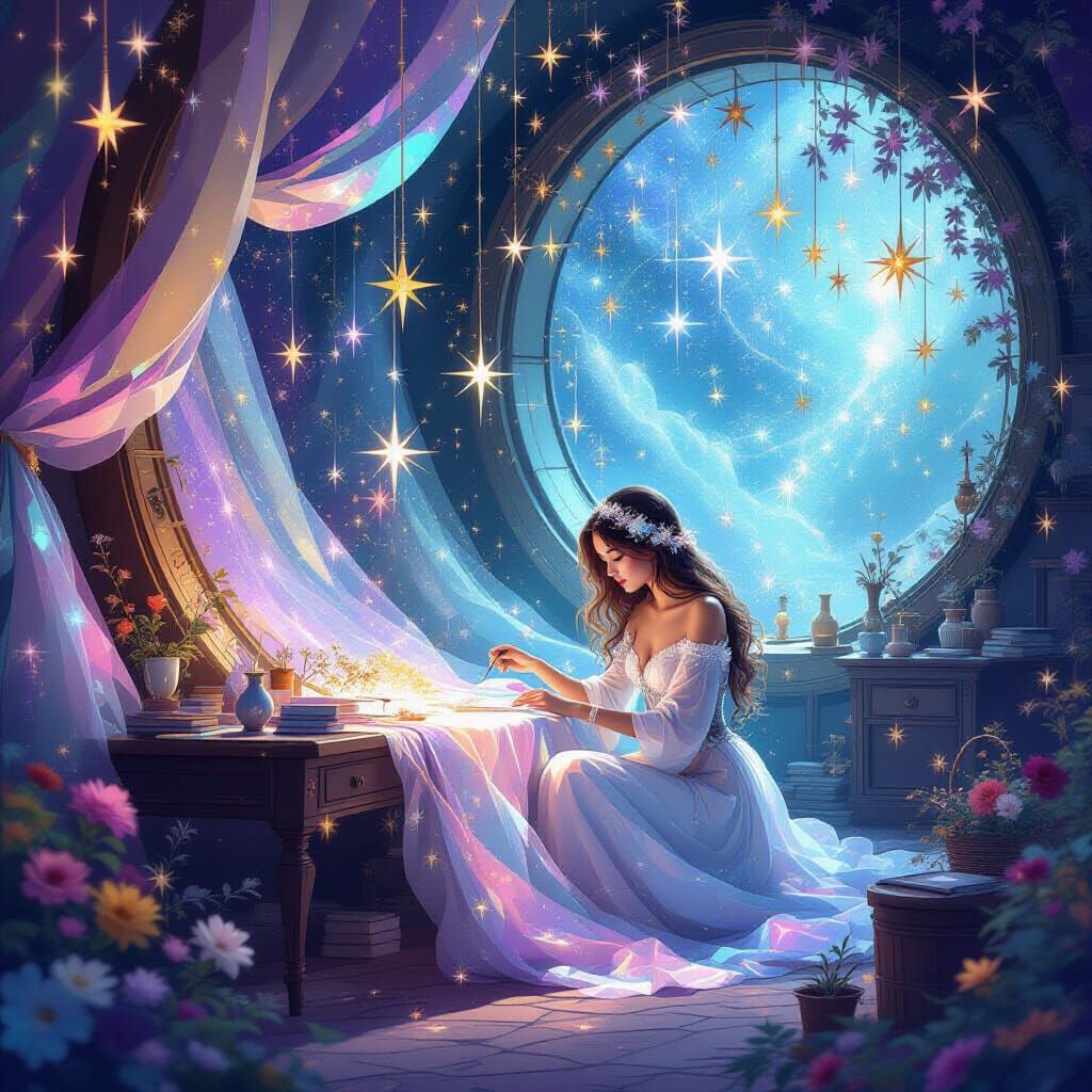 Dream designer crafting dreams inside a cosmic workshop, floating stars, shimmering fabrics of starlight, surreal colors, magical tools, eth...