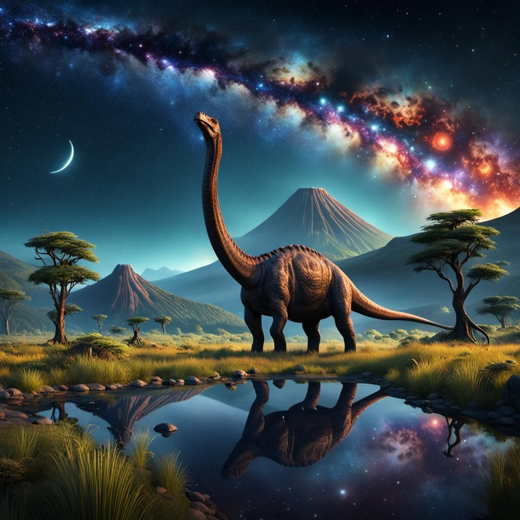 Brachiosaurus walking on a prehistoric meadow. It is night and the Milky Way is clearly visible in the ...  by @Anne W