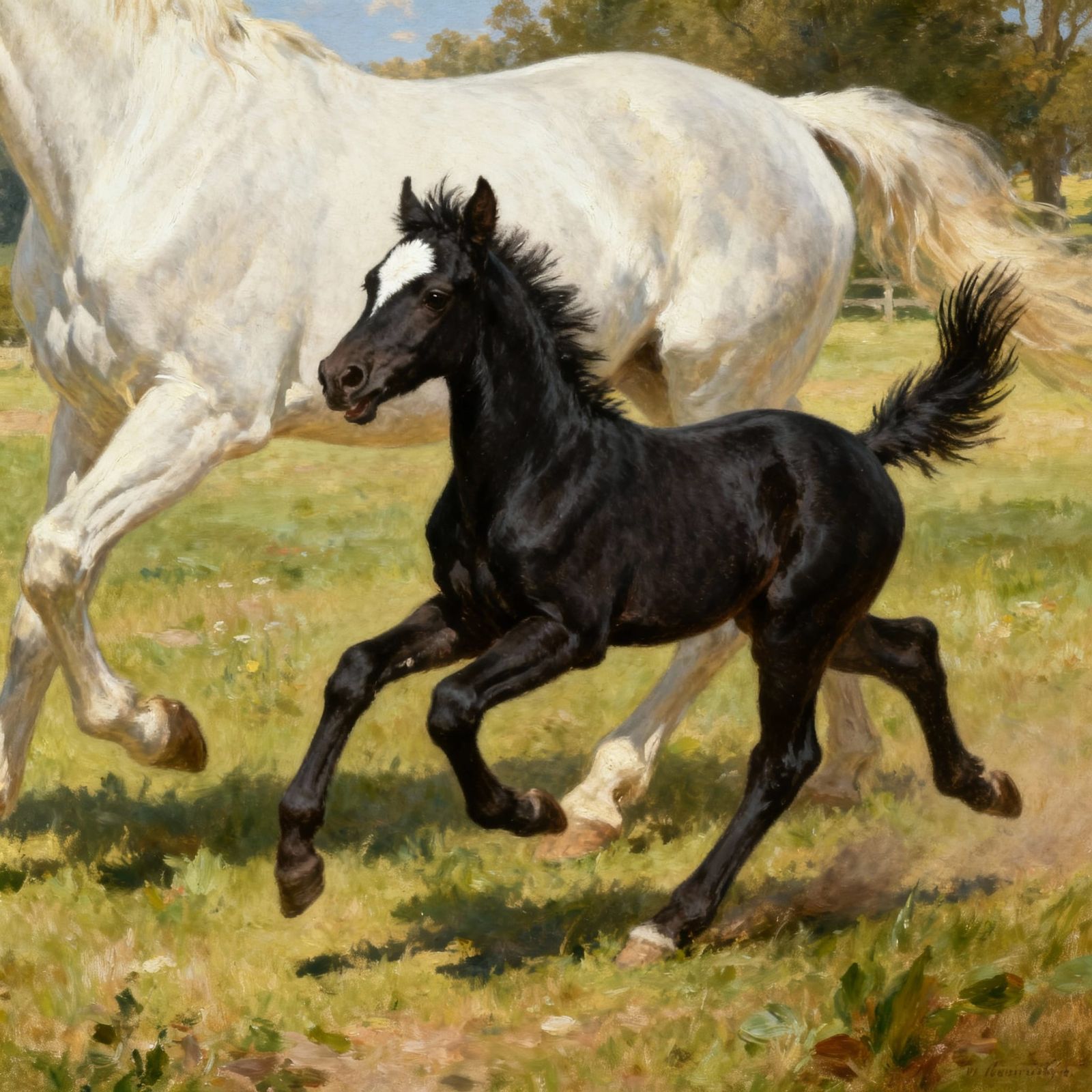 A small black foal with a white blaze on its forehead runs after a large white gelding. His short brush of a tail is in ...