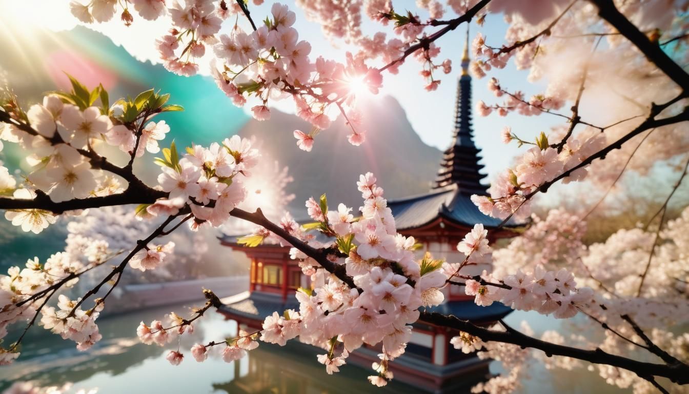 A serene Japanese garden with a majestic pagoda in the background, surrounded by an abundance of cherry blossoms in full bloom. The foregrou...