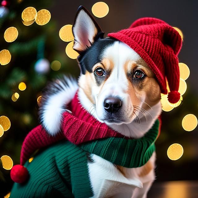 Festive Dog Surrounded by Christmas Cheer