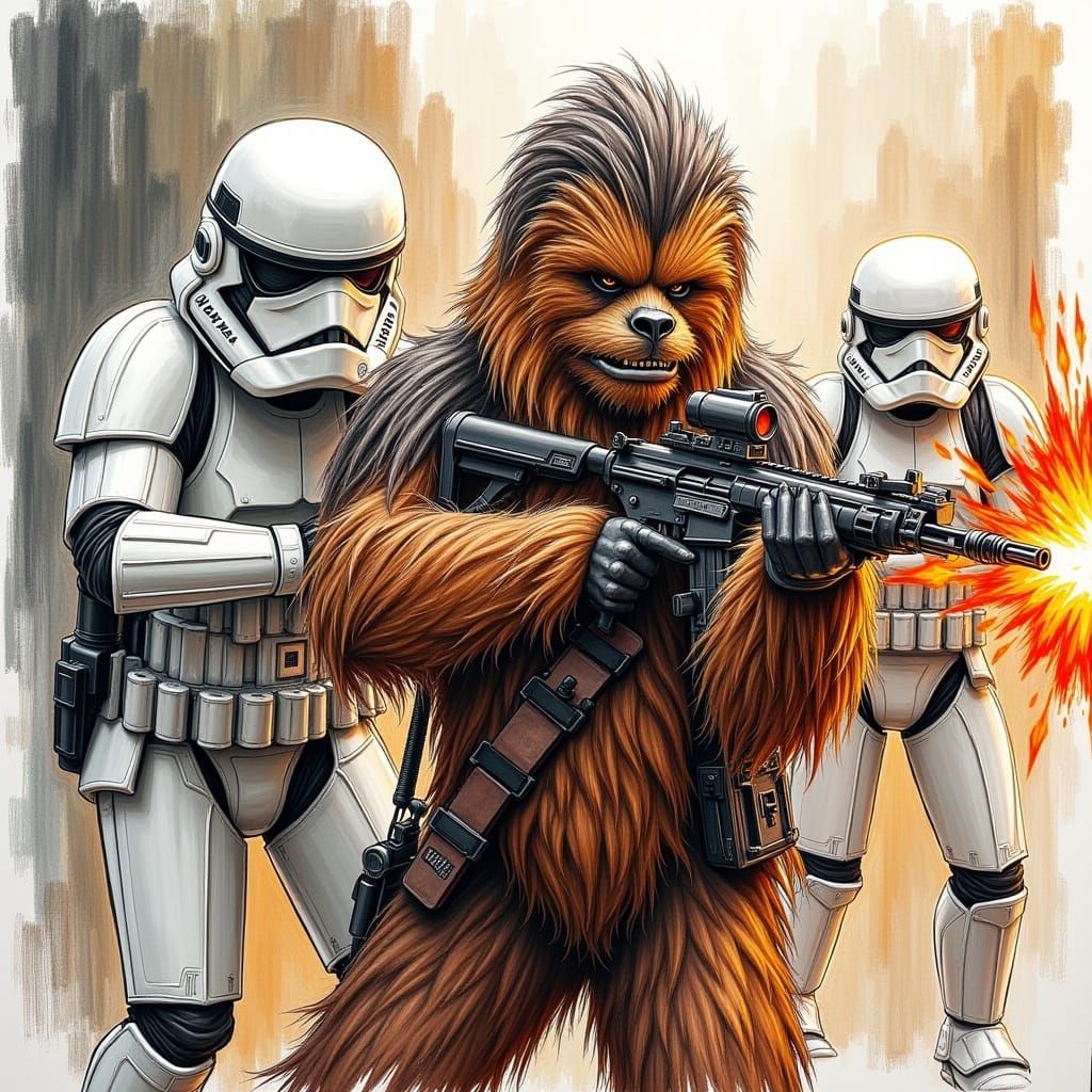 Chewbacca shooting a stormtroopers rifle <lora:Kewl:0.5>