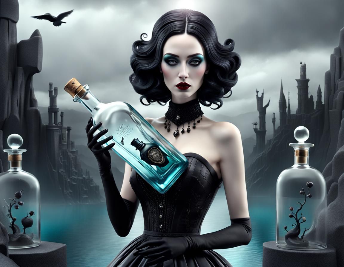 Goth Girl in Glass Bottle: Surreal Digital Art
