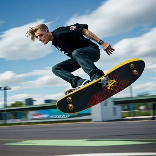 Tony Hawk making his signature move, sharp focus, hyper real 