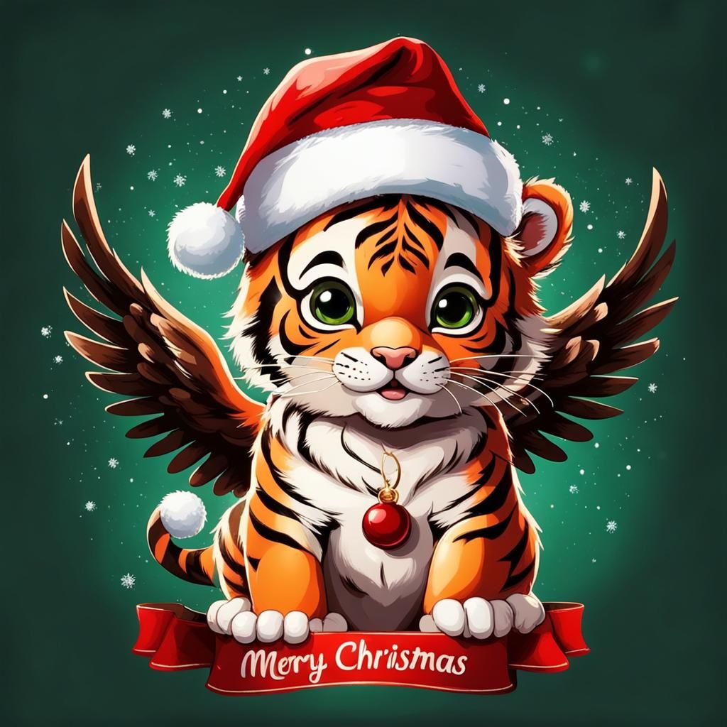 Winged Tiger Cub Wishes Merry Christmas