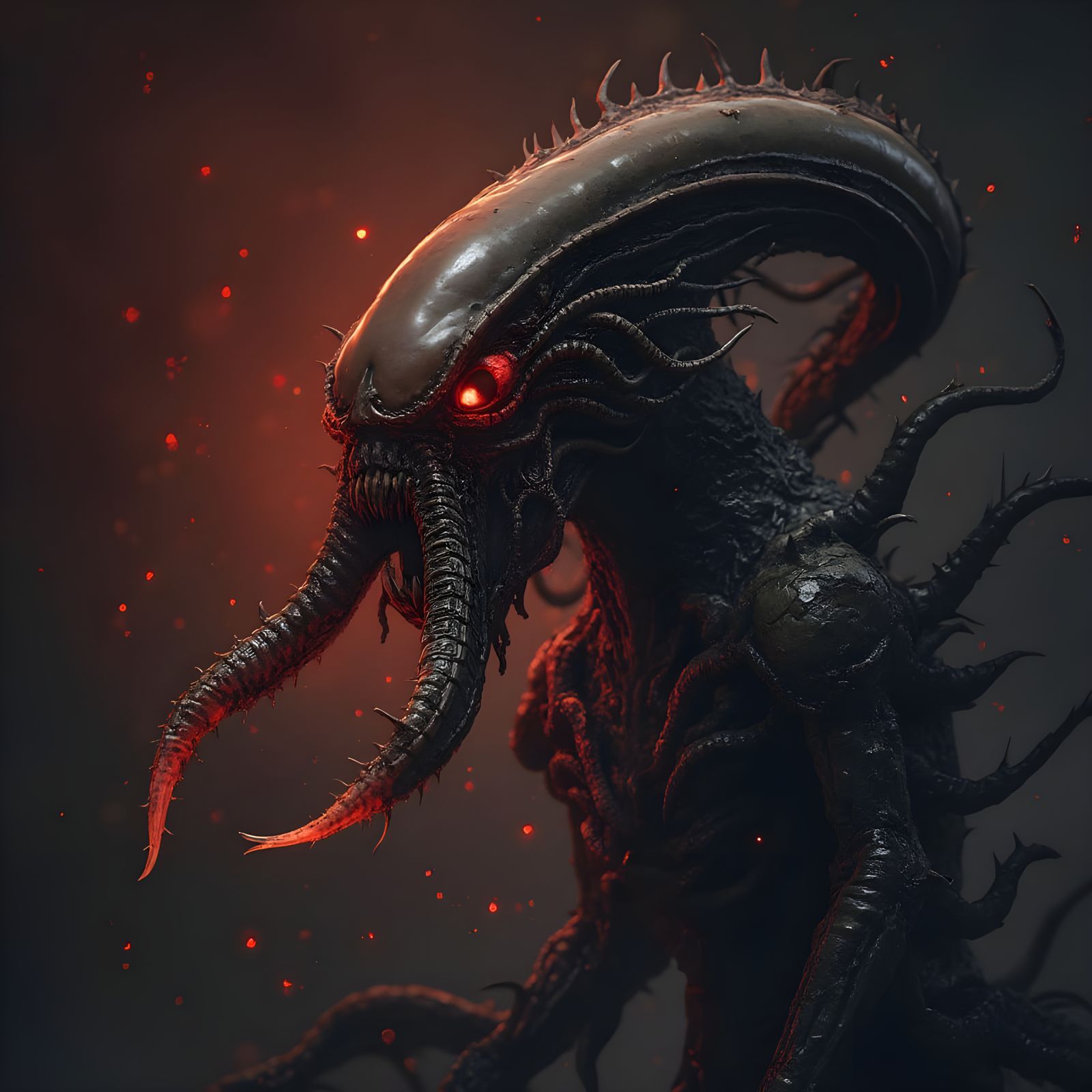 demonic xenomorph with long cruel tusks and glowing red eyes venom cthulhu predator kraken